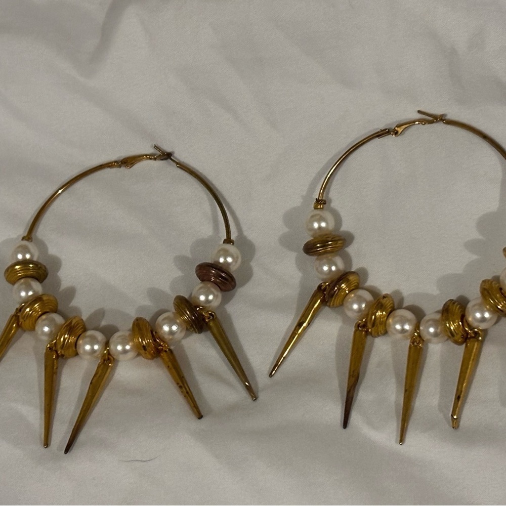 Gold and Pearl Spike Hoop Earrings